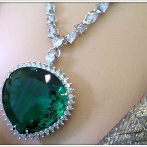 Russian nano green emerald heart shape necklace earring set 18k gold finished